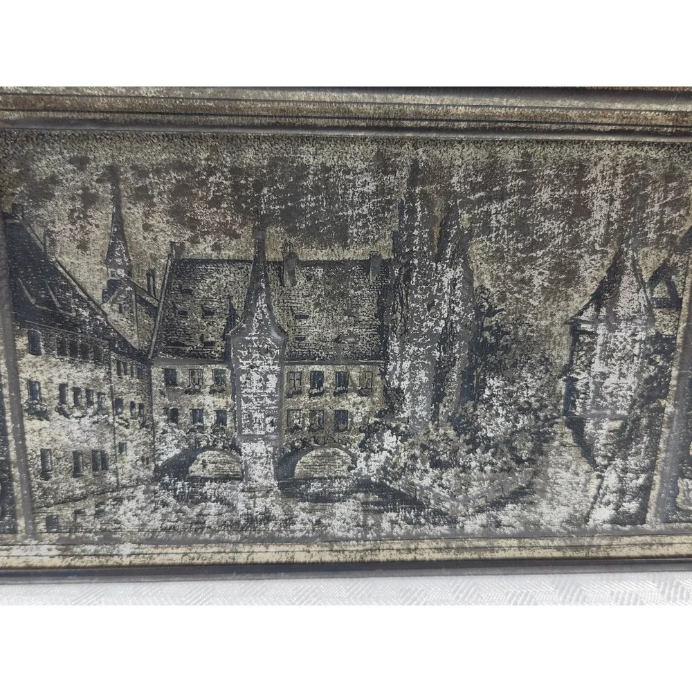 Vintage German Silver Tin Biscuit Box Knight Jousting Castles Horse History